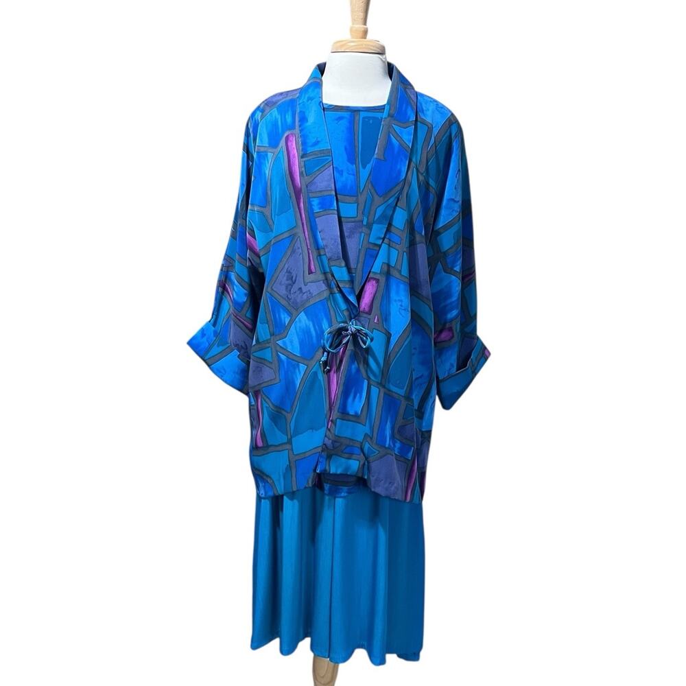 Peter Popovitch Vintage Jacket Skirt Blouse 3pc Set 90s Blue Watercolor Artsy